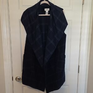 Navy Plaid Sleeveless Open Front Vest